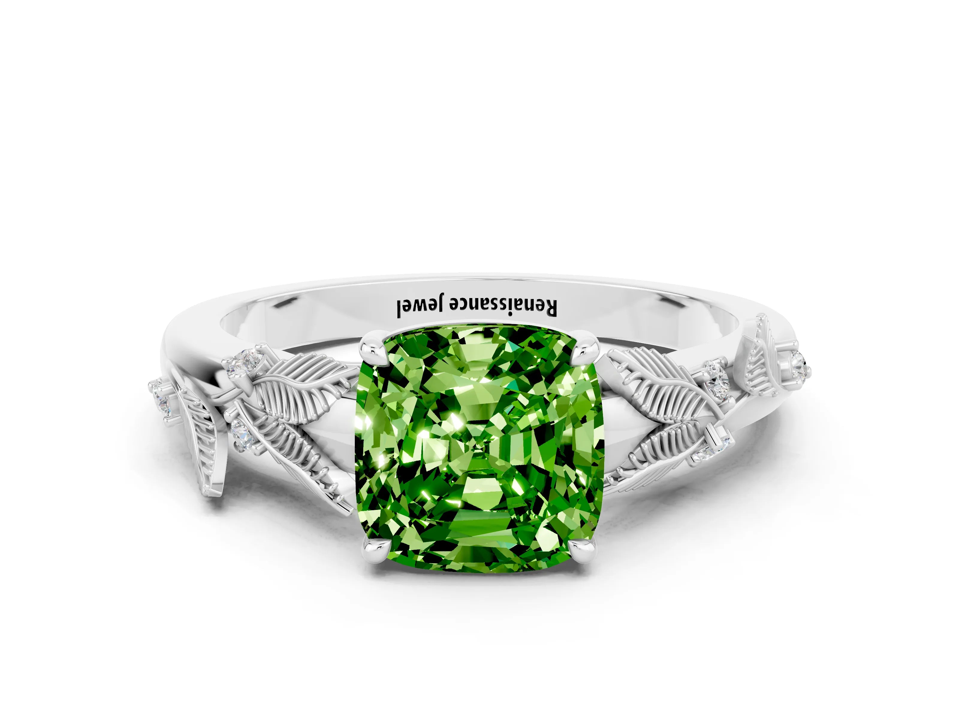 White gold Cushion Cut Peridot Solitaire Ring with Leaf Motif Band and Four-Prong Setting_18