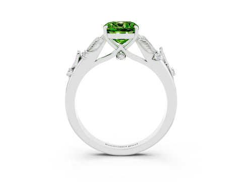 White gold Cushion Cut Peridot Solitaire Ring with Leaf Motif Band and Four-Prong Setting_21