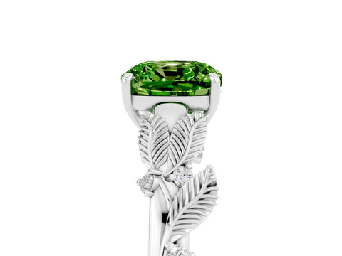 White gold Cushion Cut Peridot Solitaire Ring with Leaf Motif Band and Four-Prong Setting_23