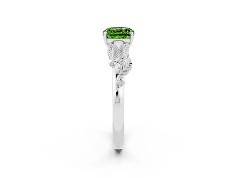 White gold Cushion Cut Peridot Solitaire Ring with Leaf Motif Band and Four-Prong Setting_24
