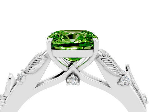 White gold Cushion Cut Peridot Solitaire Ring with Leaf Motif Band and Four-Prong Setting_4