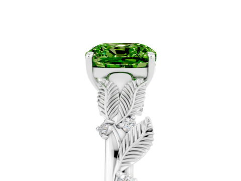 White gold Cushion Cut Peridot Solitaire Ring with Leaf Motif Band and Four-Prong Setting_5