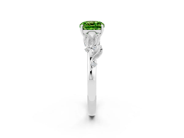 Silver Cushion Cut Peridot Solitaire Ring with Leaf Motif Band and Four-Prong Setting