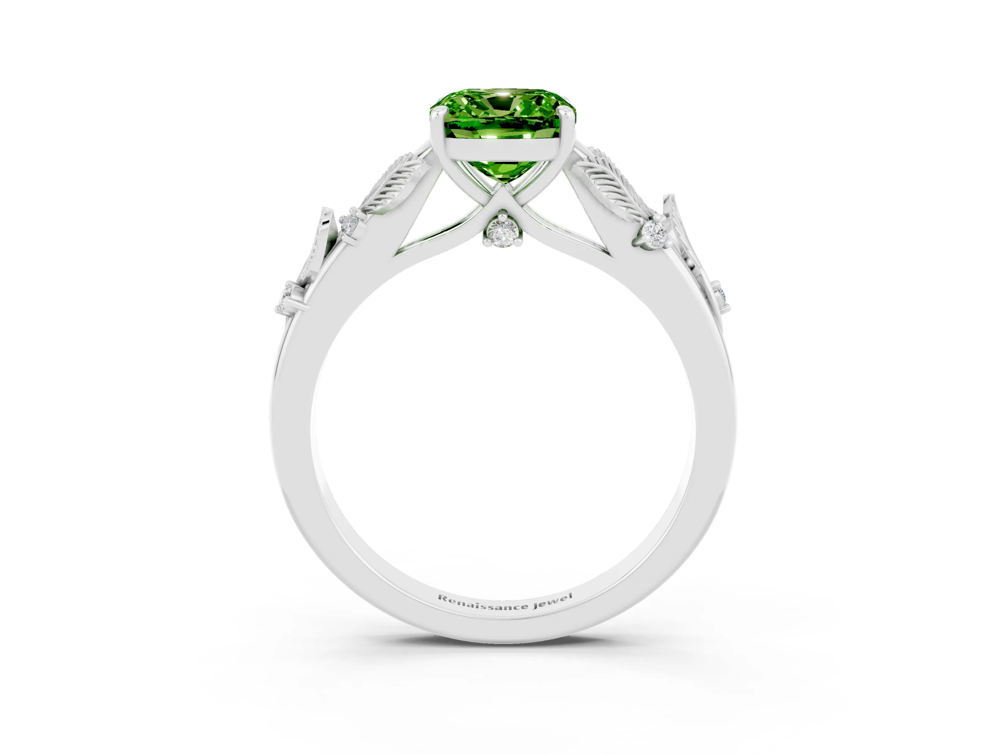 White gold Cushion Cut Peridot Solitaire Ring with Leaf Motif Band and Four-Prong Setting_9