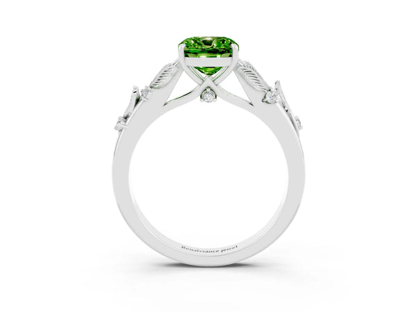 Silver Cushion Cut Peridot Solitaire Ring with Leaf Motif Band and Four-Prong Setting