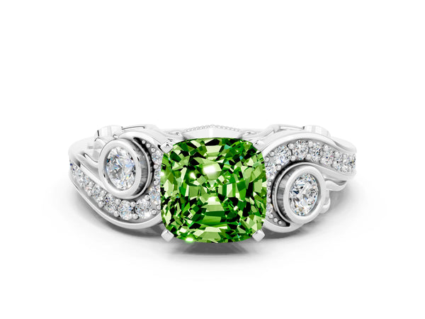 Platinum Cushion Cut Peridot Solitaire Ring with Milgrain Pavé Band and Four-Prong Setting