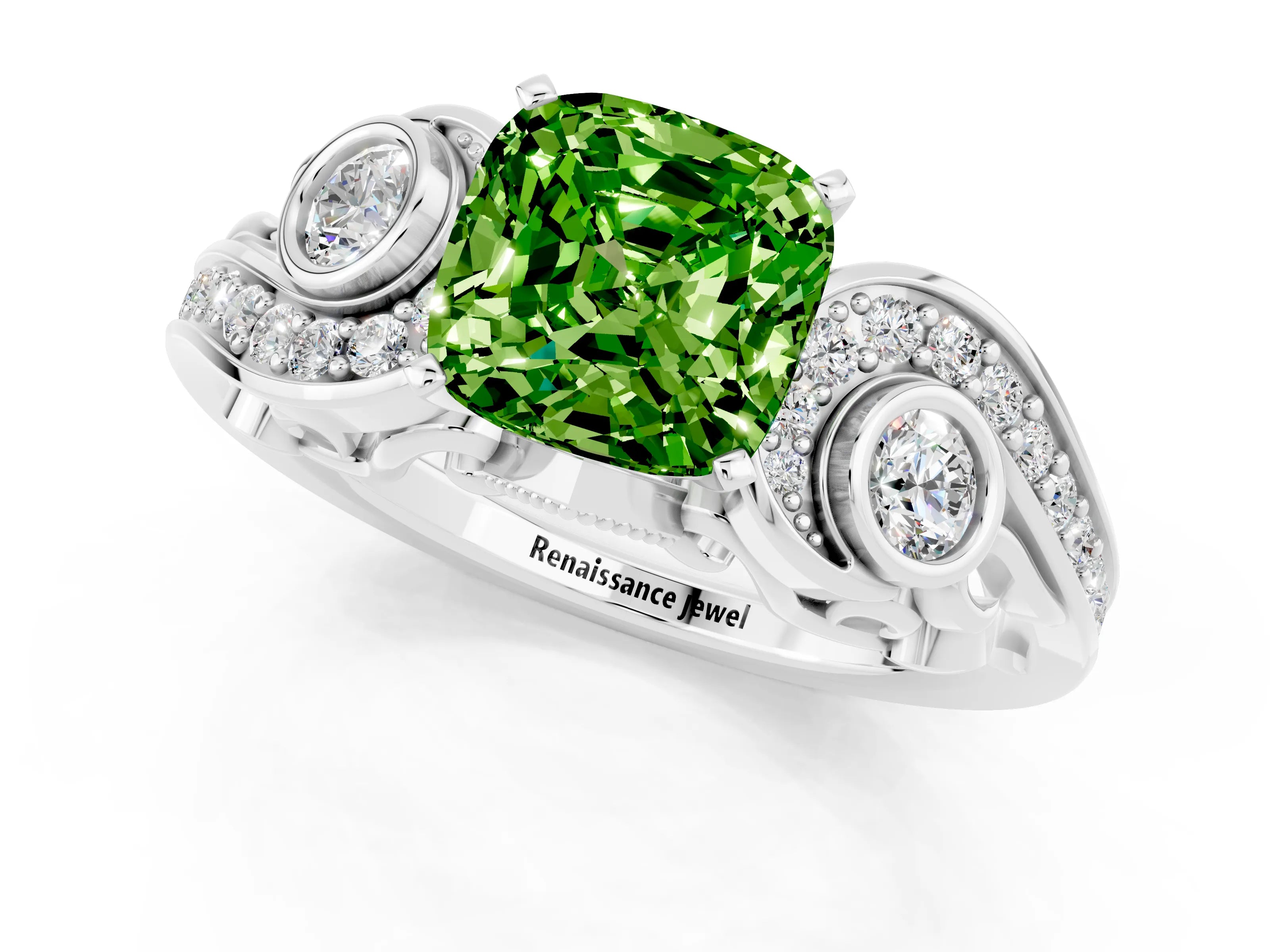 White gold Cushion Cut Peridot Solitaire Ring with Milgrain Pavé Band and Four-Prong Setting_13