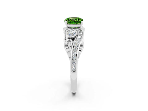 White gold Cushion Cut Peridot Solitaire Ring with Milgrain Pavé Band and Four-Prong Setting_14