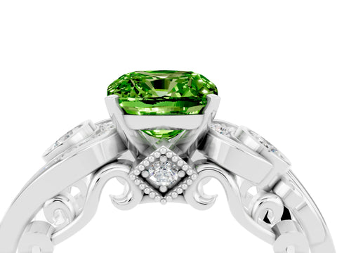White gold Cushion Cut Peridot Solitaire Ring with Milgrain Pavé Band and Four-Prong Setting_16