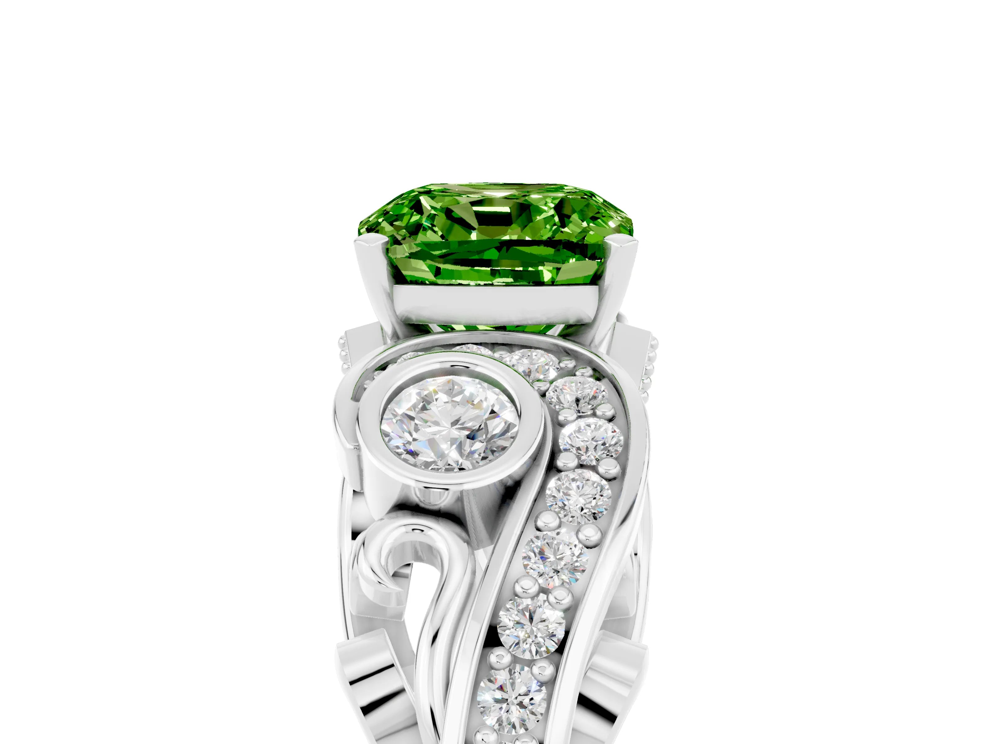 White gold Cushion Cut Peridot Solitaire Ring with Milgrain Pavé Band and Four-Prong Setting_17