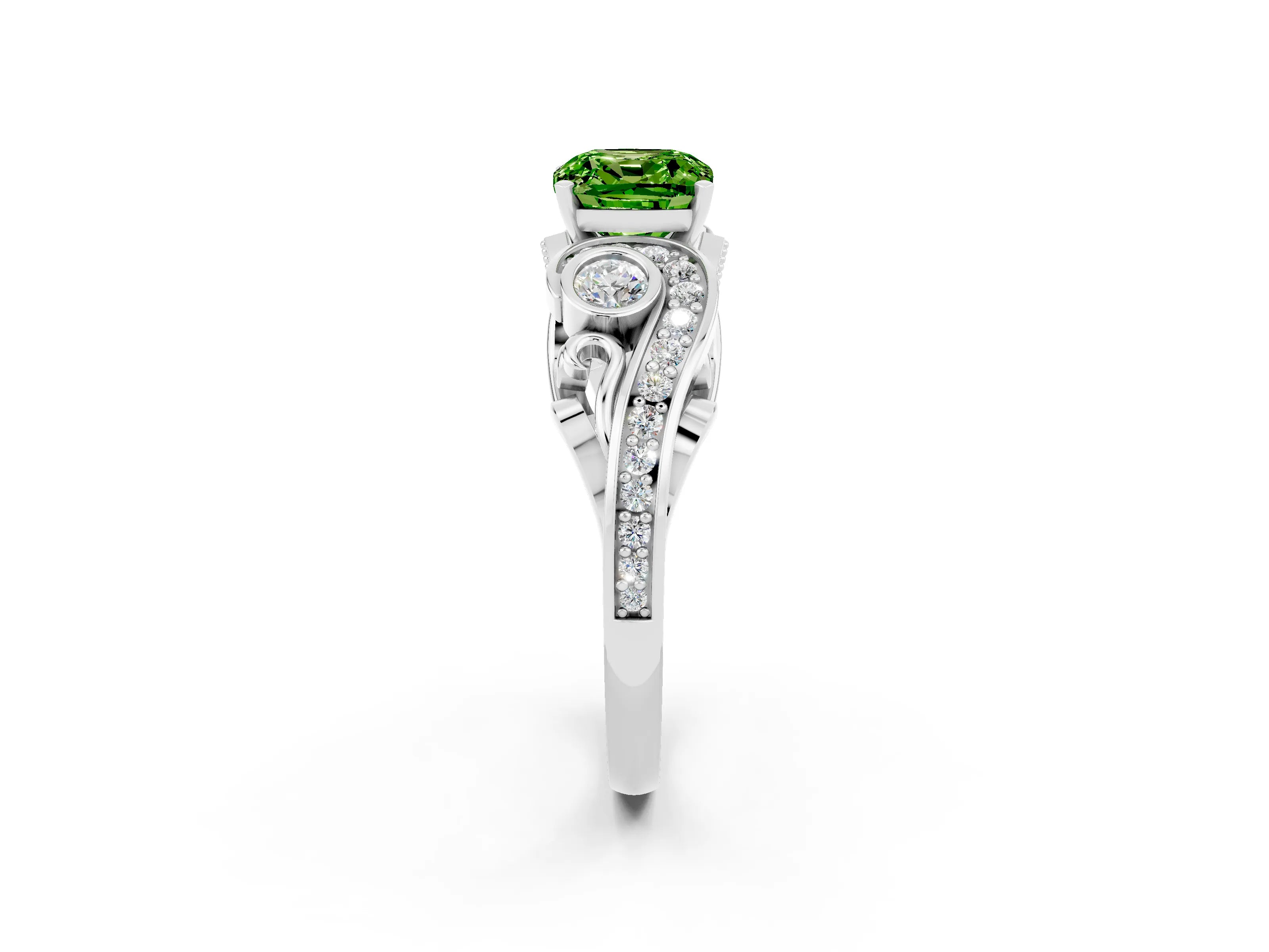 White gold Cushion Cut Peridot Solitaire Ring with Milgrain Pavé Band and Four-Prong Setting_50
