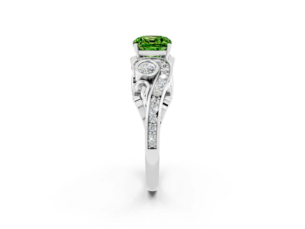 White gold Cushion Cut Peridot Solitaire Ring with Milgrain Pavé Band and Four-Prong Setting