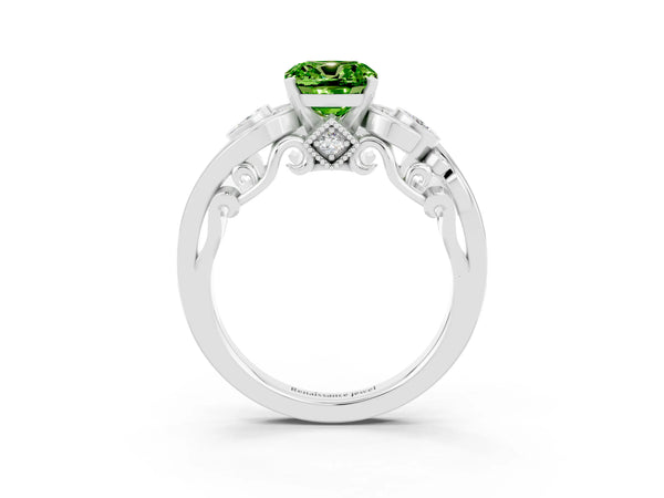 White gold Cushion Cut Peridot Solitaire Ring with Milgrain Pavé Band and Four-Prong Setting