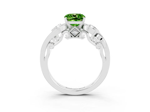 White gold Cushion Cut Peridot Solitaire Ring with Milgrain Pavé Band and Four-Prong Setting_51