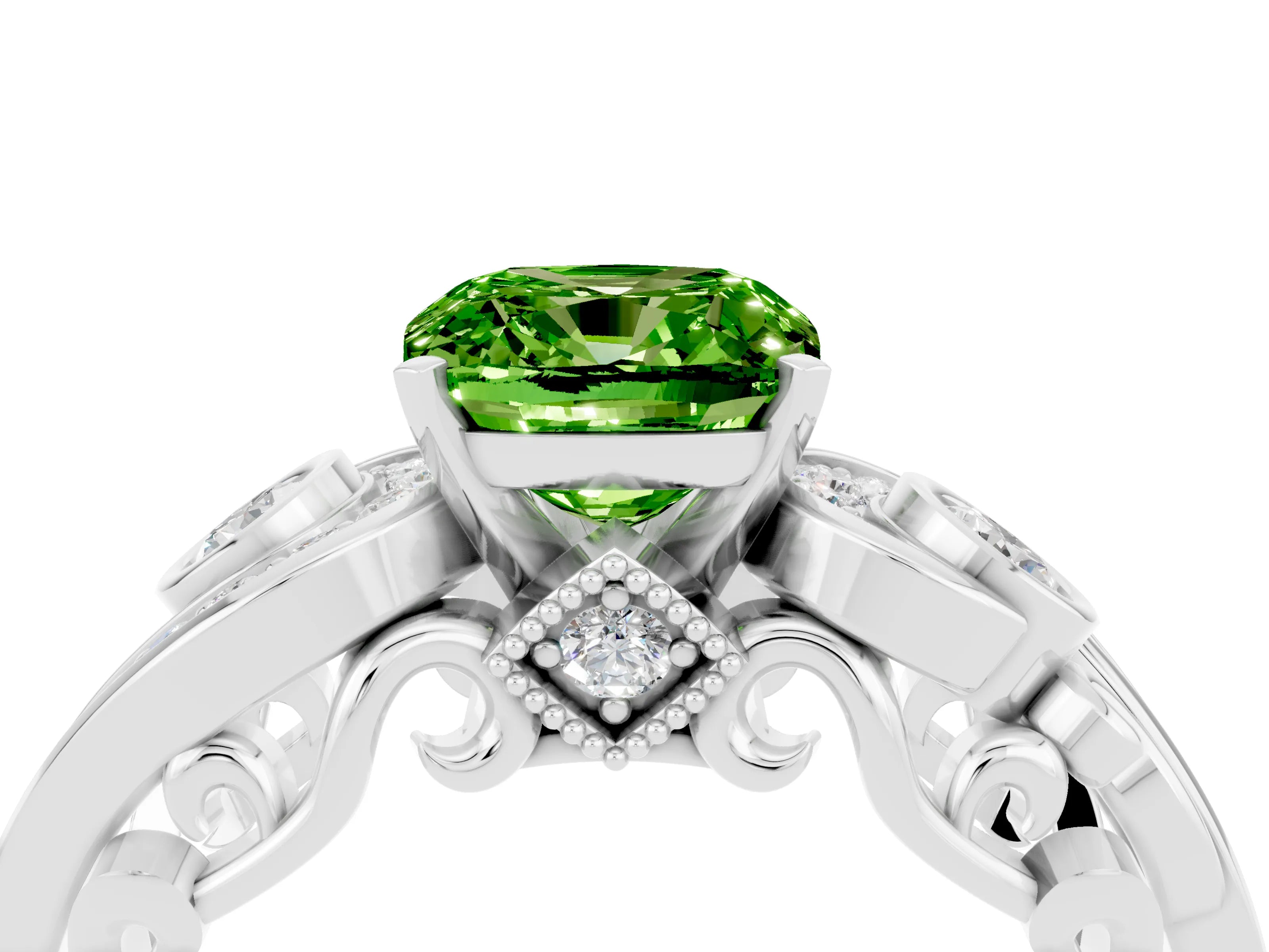 White gold Cushion Cut Peridot Solitaire Ring with Milgrain Pavé Band and Four-Prong Setting_52