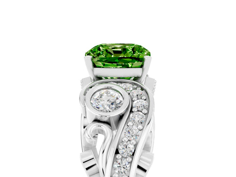 White gold Cushion Cut Peridot Solitaire Ring with Milgrain Pavé Band and Four-Prong Setting_53