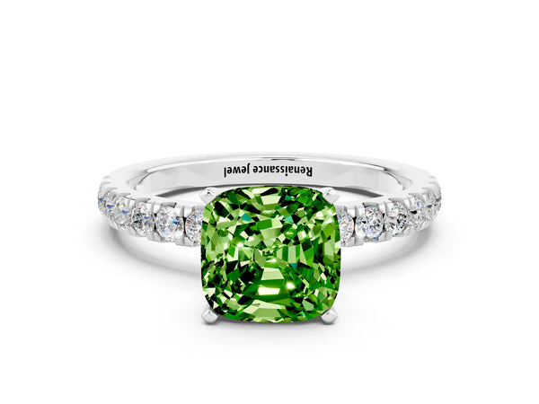 Platinum Cushion Cut Peridot Solitaire Ring with Pavé Accents and Four-Prong Setting