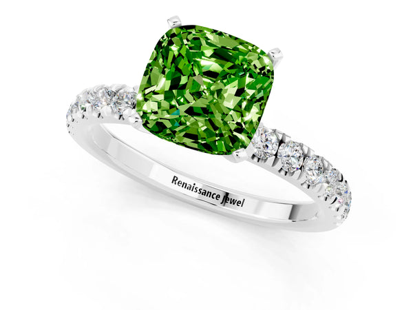 Silver Cushion Cut Peridot Solitaire Ring with Pavé Accents and Four-Prong Setting