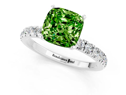 White gold Cushion Cut Peridot Solitaire Ring with Pavé Accents and Four-Prong Setting_1