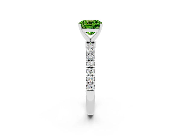 Platinum Cushion Cut Peridot Solitaire Ring with Pavé Accents and Four-Prong Setting