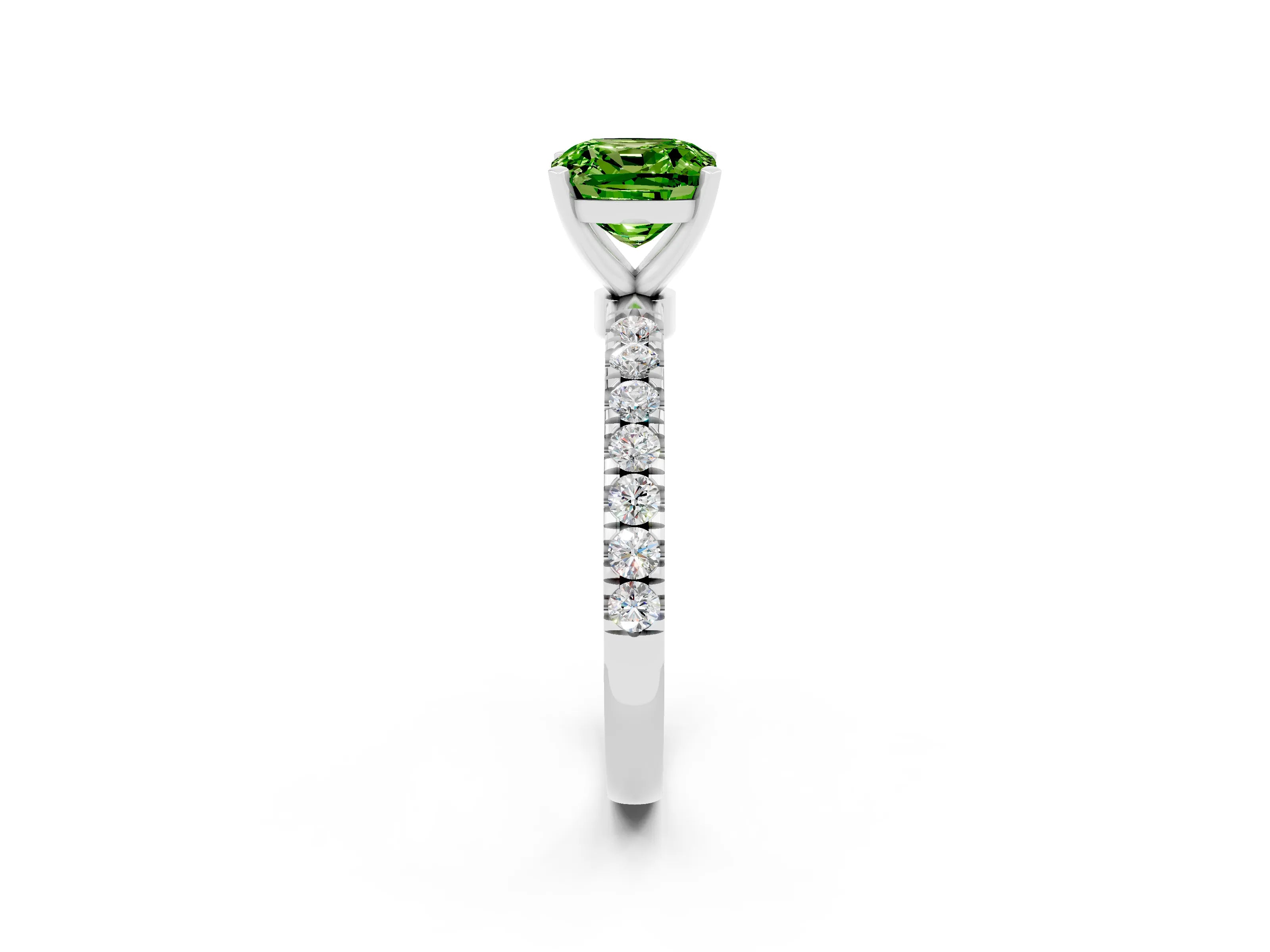 White gold Cushion Cut Peridot Solitaire Ring with Pavé Accents and Four-Prong Setting_2