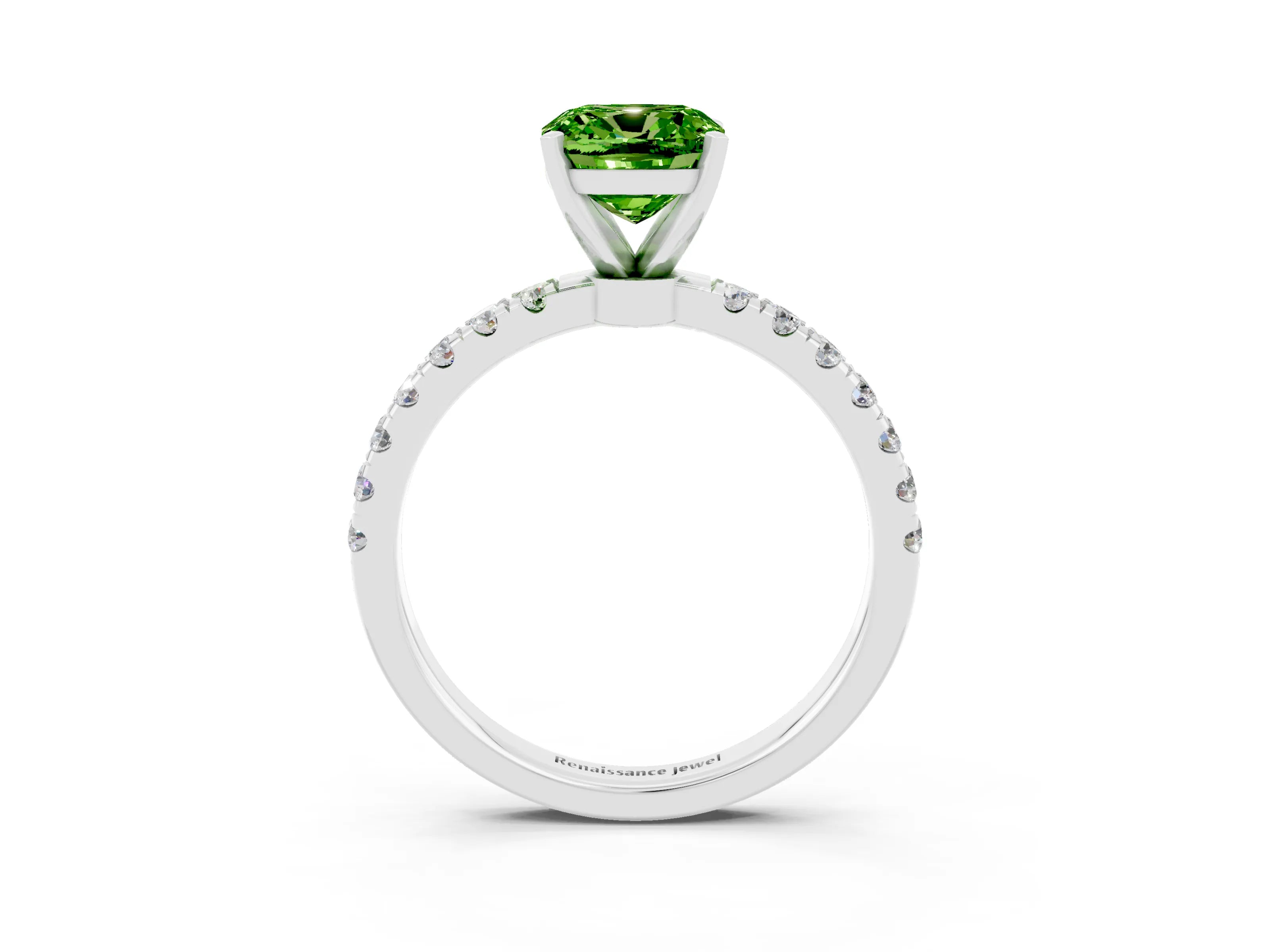 White gold Cushion Cut Peridot Solitaire Ring with Pavé Accents and Four-Prong Setting_3