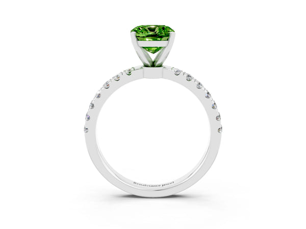 Silver Cushion Cut Peridot Solitaire Ring with Pavé Accents and Four-Prong Setting