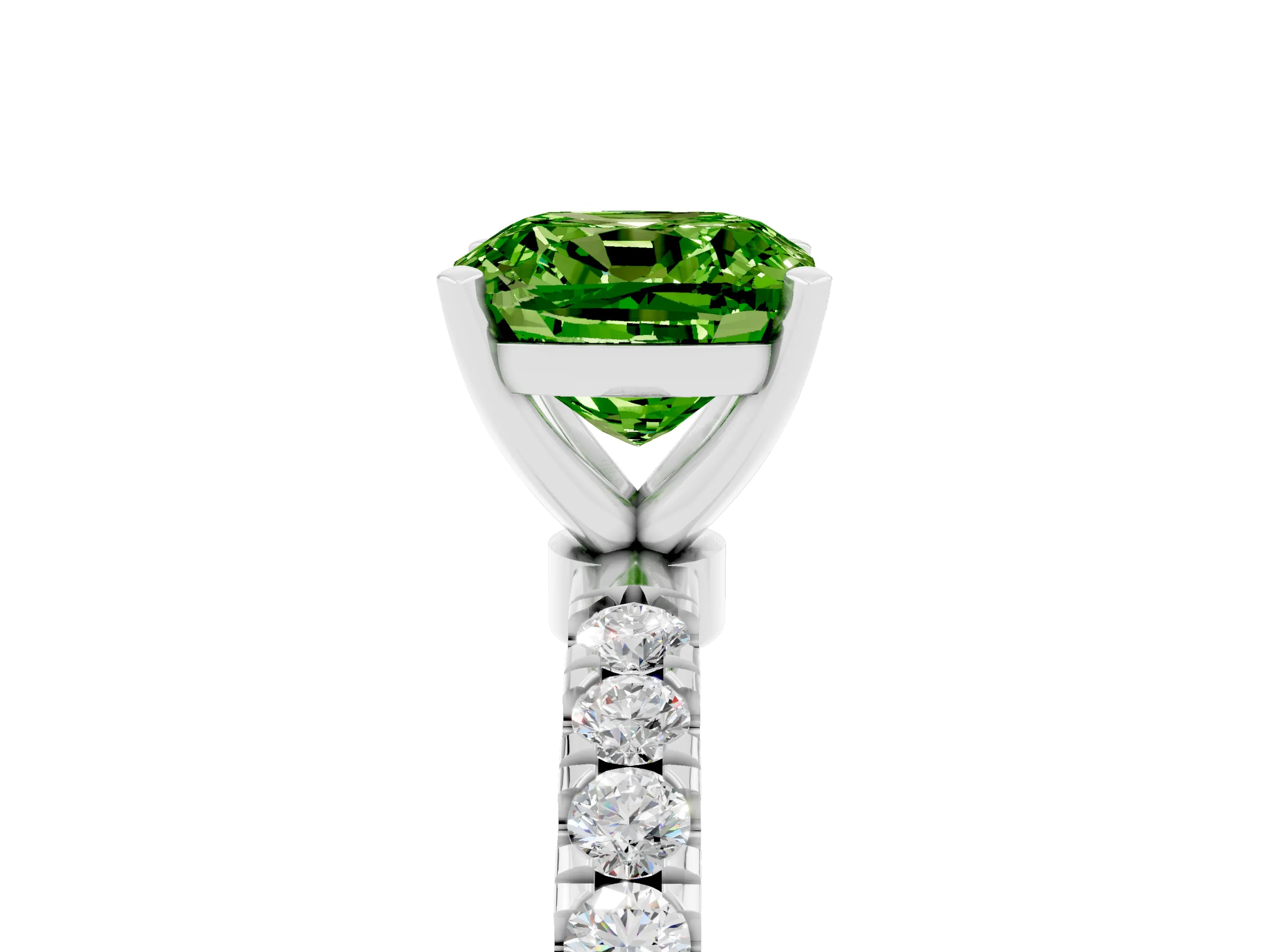 White gold Cushion Cut Peridot Solitaire Ring with Pavé Accents and Four-Prong Setting_5