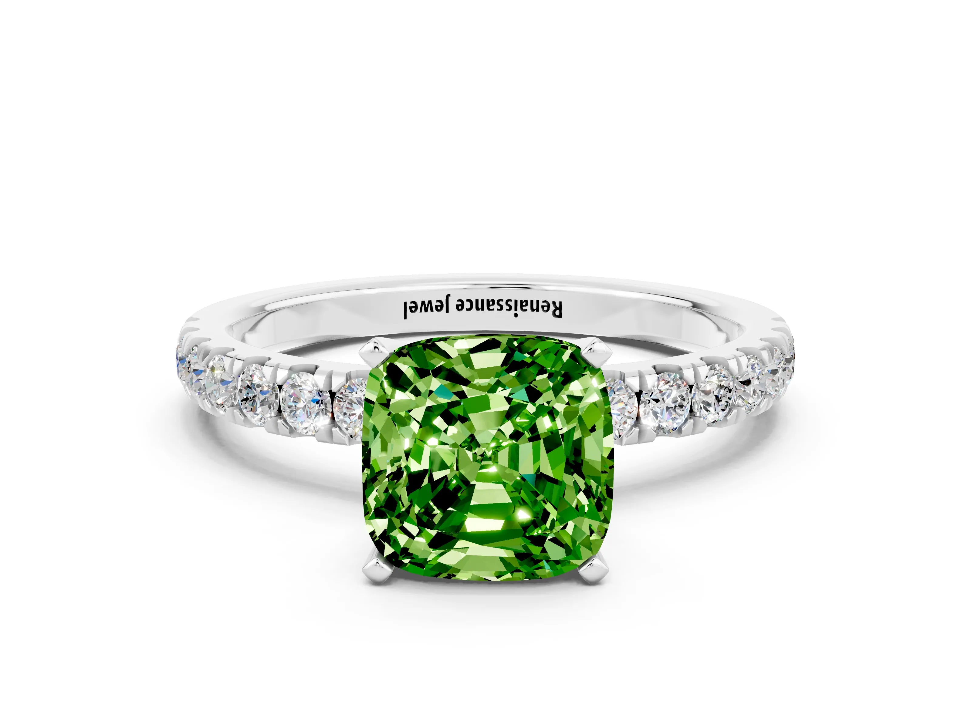 White gold Cushion Cut Peridot Solitaire Ring with Pavé Accents and Four-Prong Setting