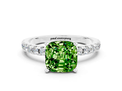 White gold Cushion Cut Peridot Solitaire Ring with Pavé Band and Four-Prong Setting_24