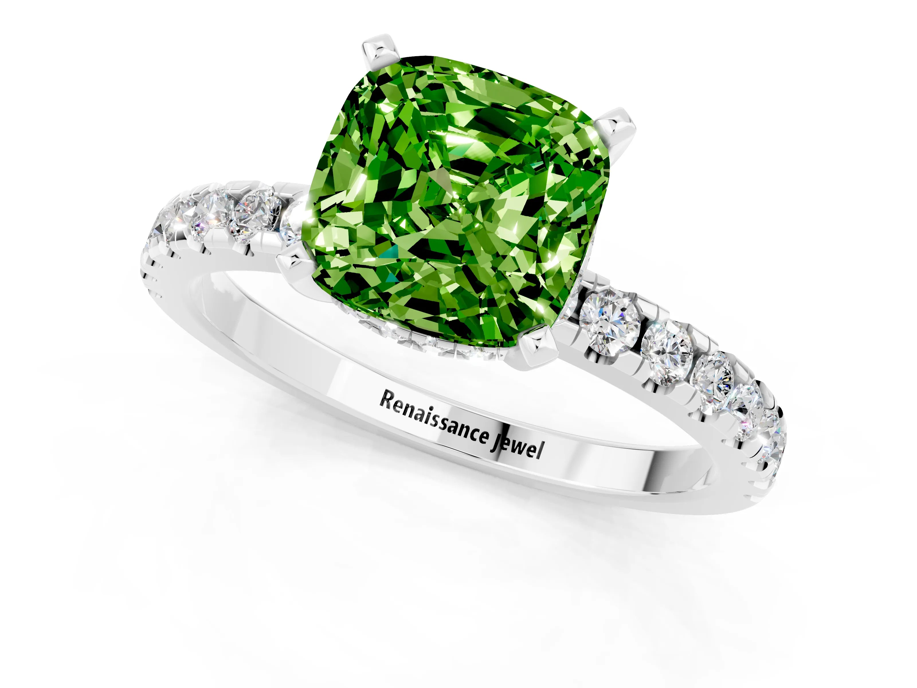 White gold Cushion Cut Peridot Solitaire Ring with Pavé Band and Four-Prong Setting_25
