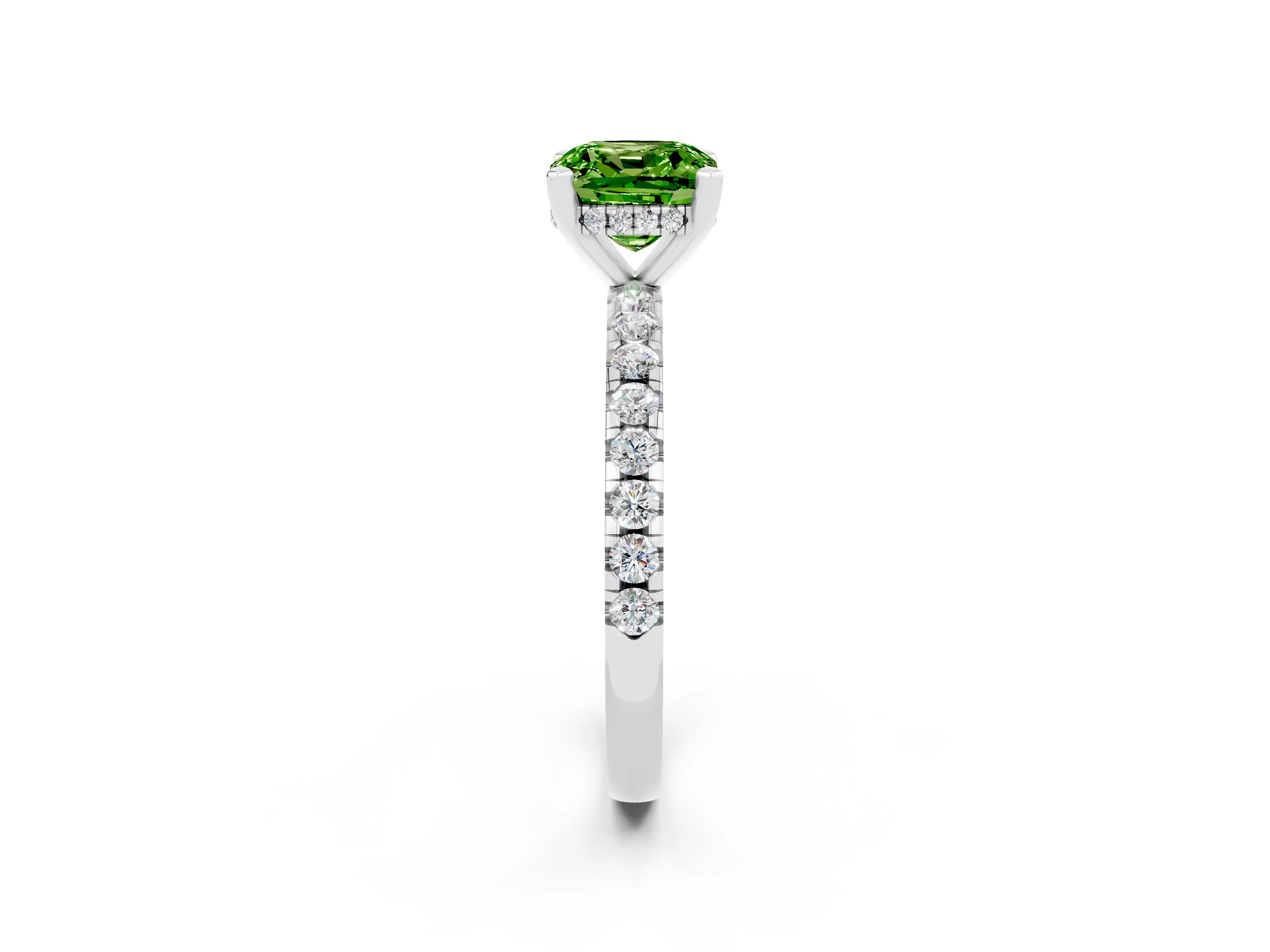 White gold Cushion Cut Peridot Solitaire Ring with Pavé Band and Four-Prong Setting_26