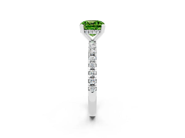 Silver Cushion Cut Peridot Solitaire Ring with Round  Pavé Band and Four-Prong Setting