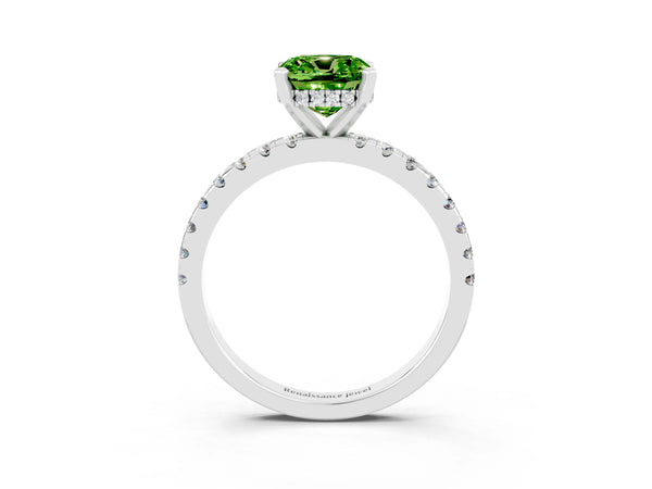 Silver Cushion Cut Peridot Solitaire Ring with Round  Pavé Band and Four-Prong Setting