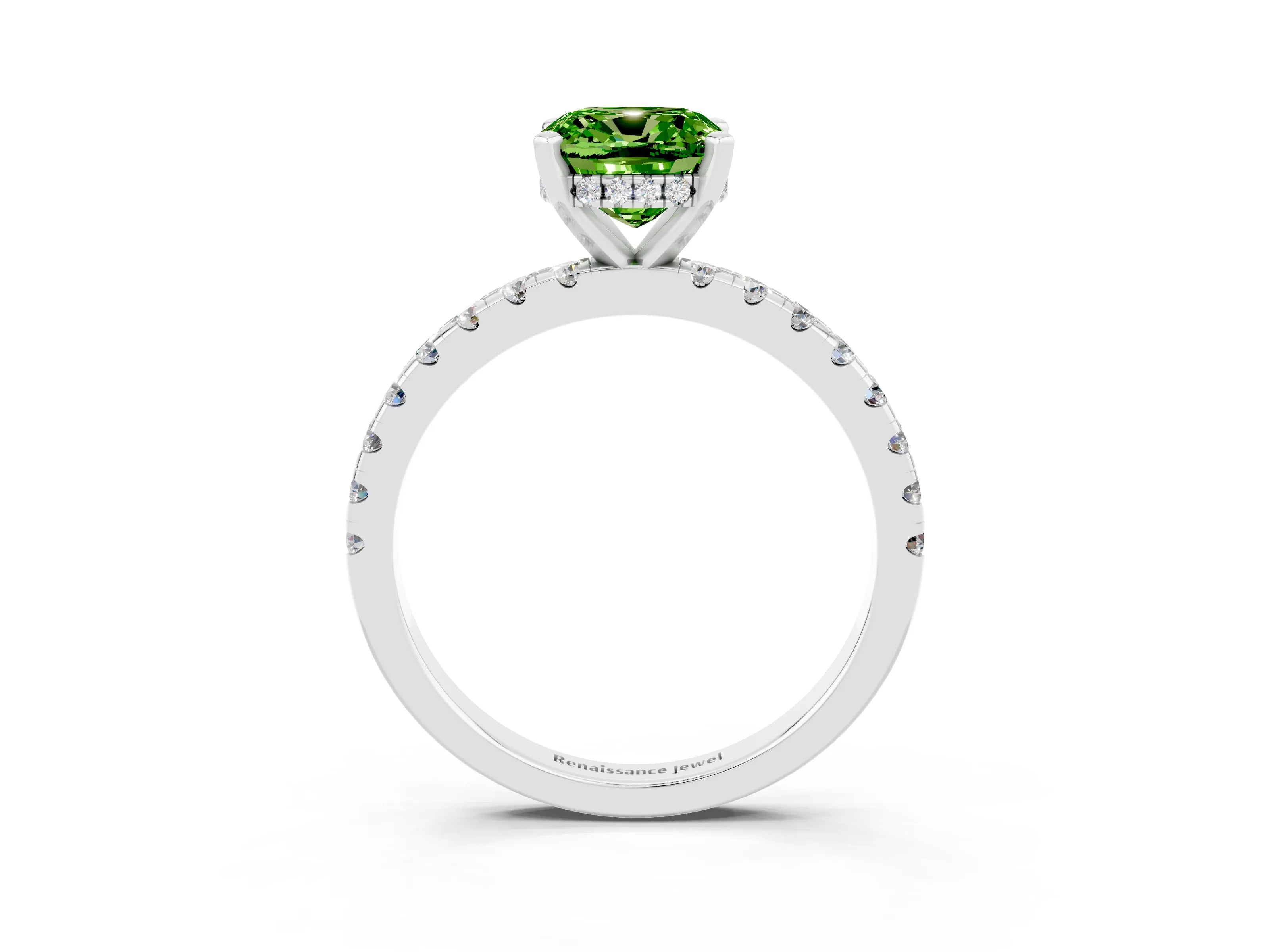 White gold Cushion Cut Peridot Solitaire Ring with Pavé Band and Four-Prong Setting_27