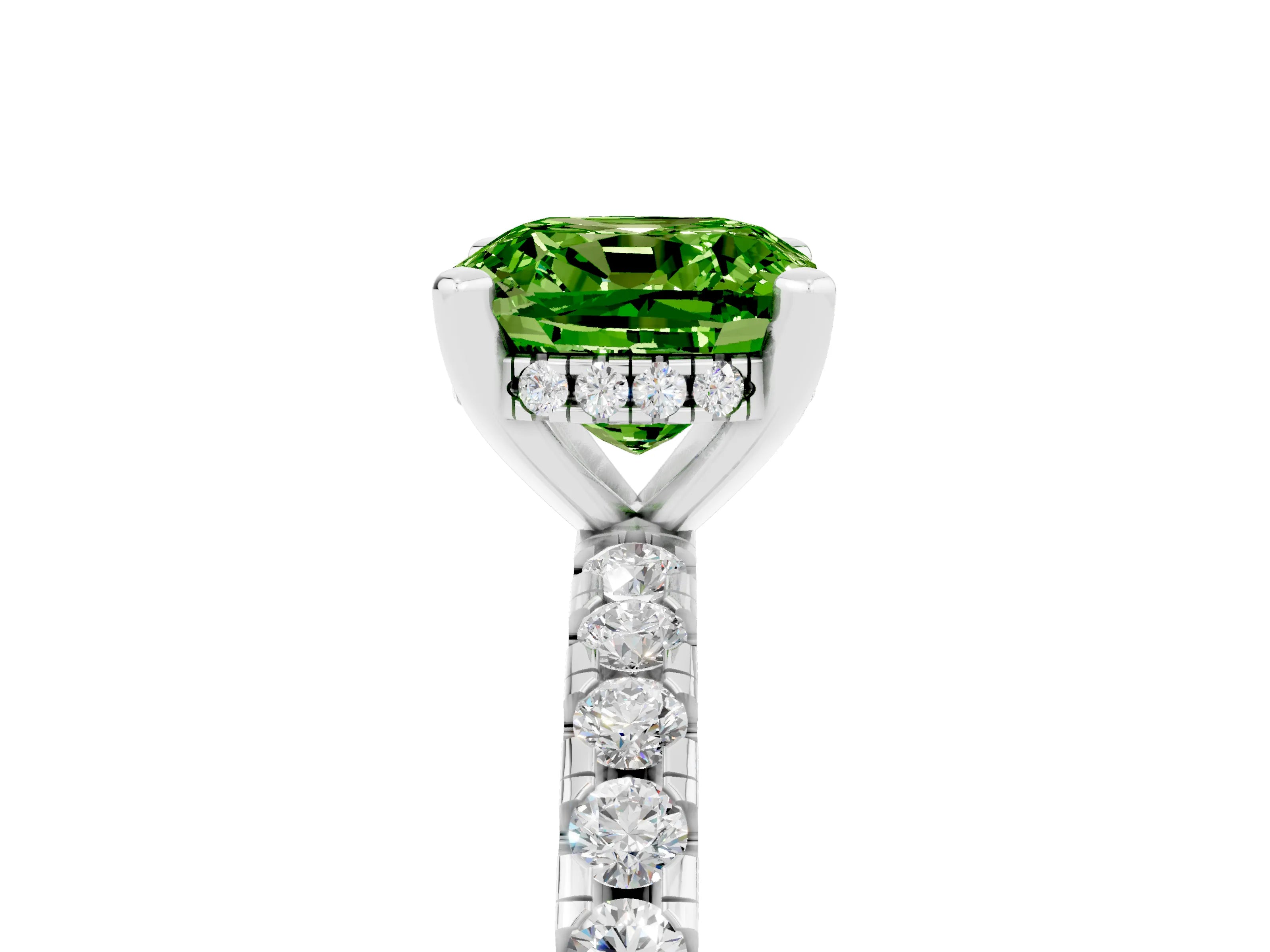 White gold Cushion Cut Peridot Solitaire Ring with Pavé Band and Four-Prong Setting_29