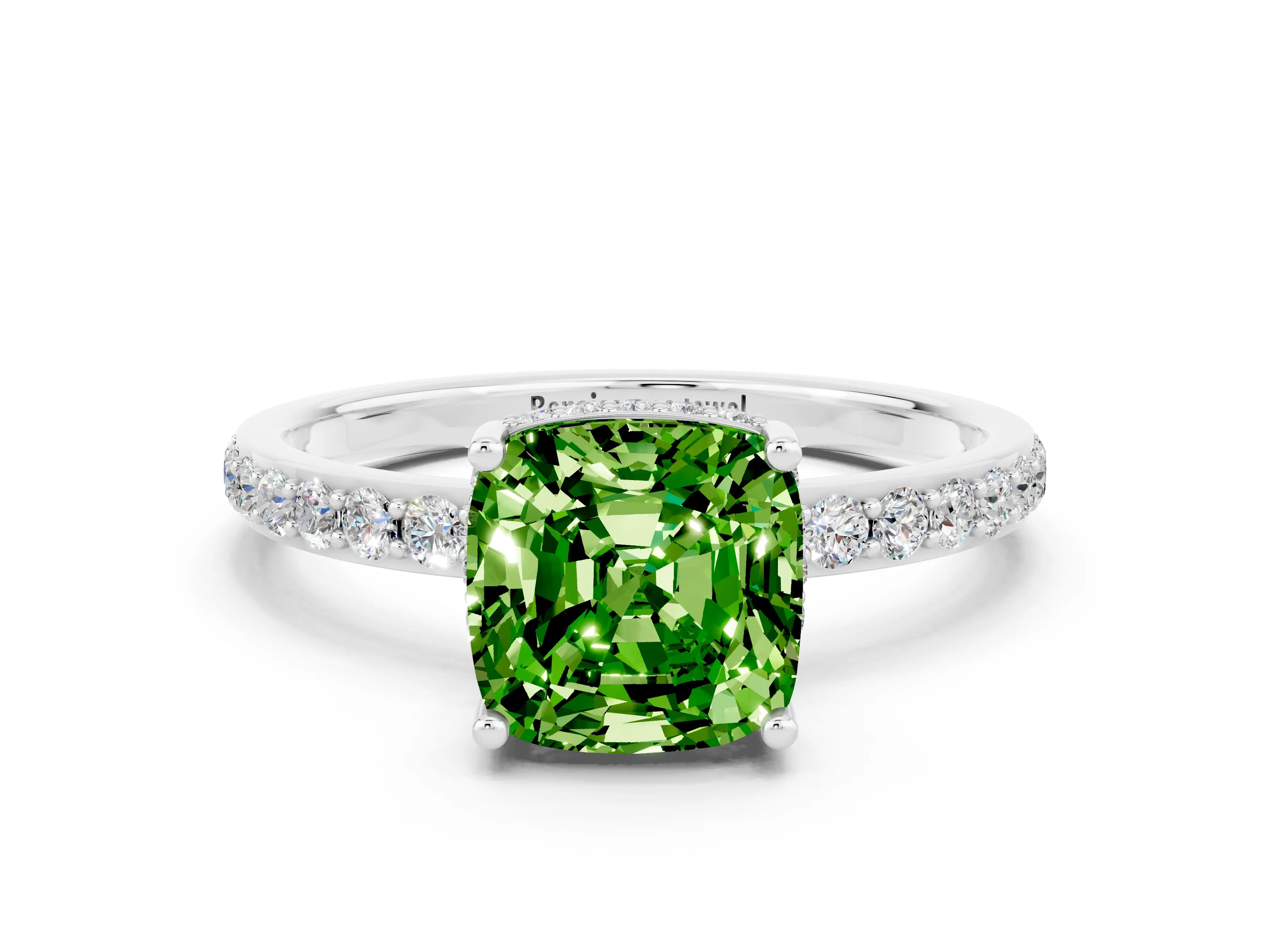 White gold Cushion Cut Peridot Solitaire Ring with Pavé Band and Hidden Halo