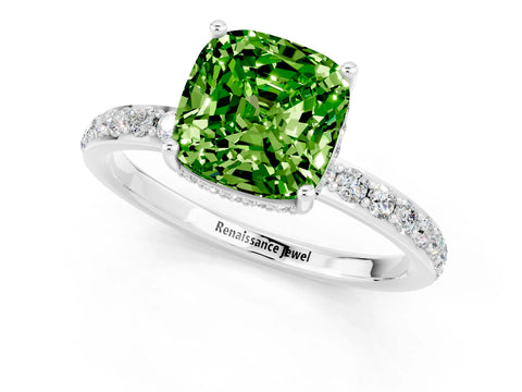 White gold Cushion Cut Peridot Solitaire Ring with Pavé Band and Hidden Halo_1