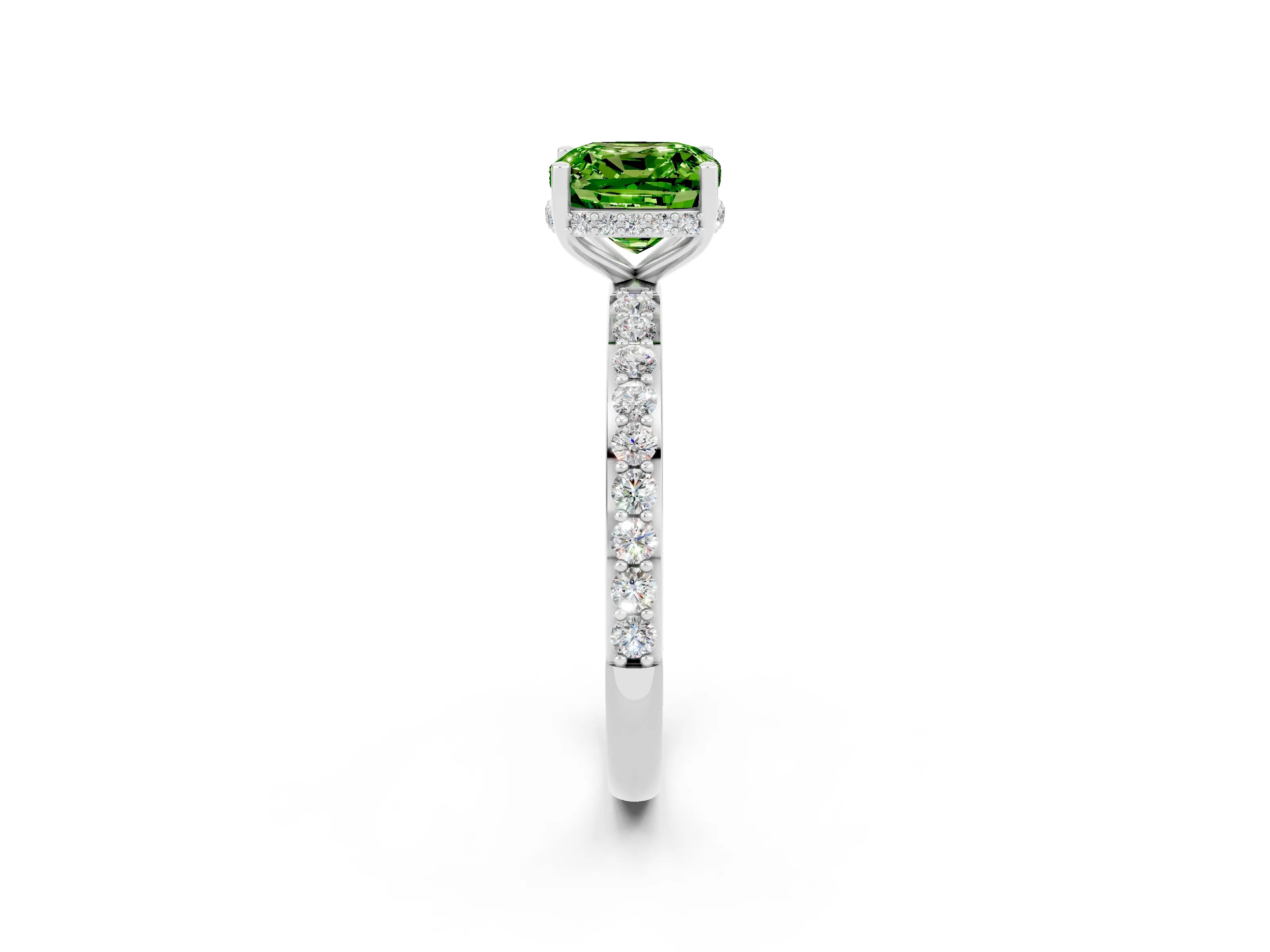 White gold Cushion Cut Peridot Solitaire Ring with Pavé Band and Hidden Halo_2