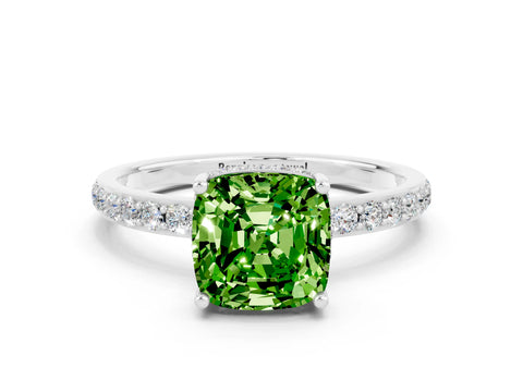 White gold Cushion Cut Peridot Solitaire Ring with Pavé Band and Hidden Halo_24