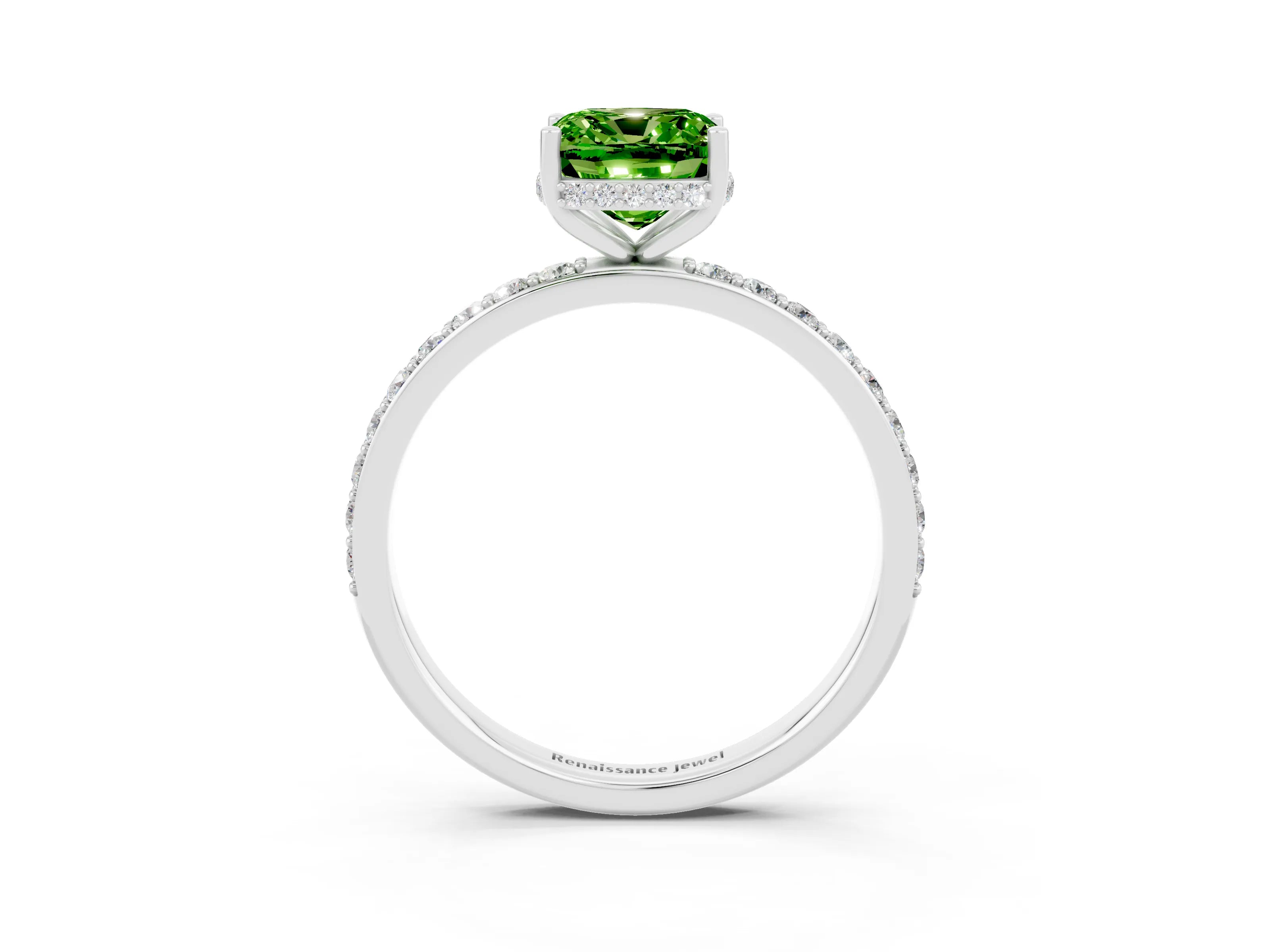 White gold Cushion Cut Peridot Solitaire Ring with Pavé Band and Hidden Halo_27