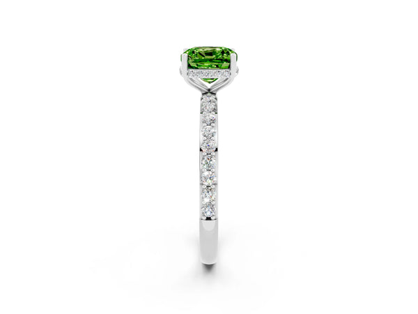Silver Cushion Cut Peridot Solitaire Ring with Pavé Band and Hidden Halo
