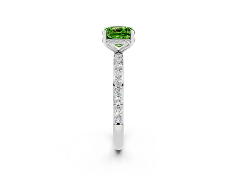 White gold Cushion Cut Peridot Solitaire Ring with Pavé Band and Hidden Halo_2