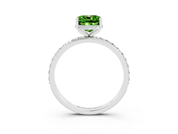 Silver Cushion Cut Peridot Solitaire Ring with Pavé Band and Hidden Halo