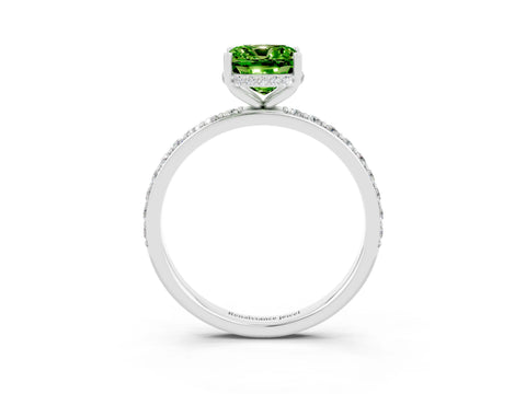 White gold Cushion Cut Peridot Solitaire Ring with Pavé Band and Hidden Halo_3