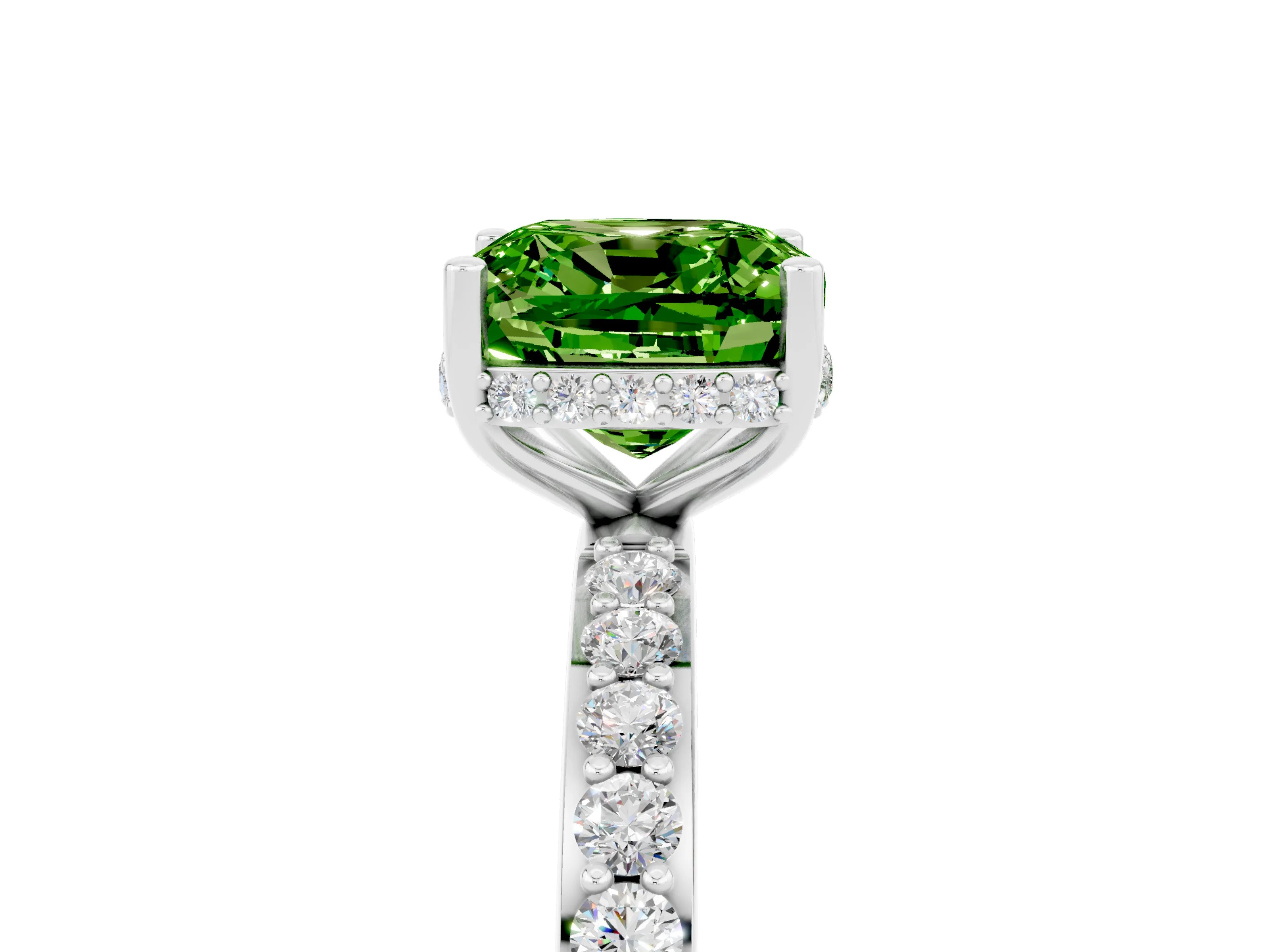 White gold Cushion Cut Peridot Solitaire Ring with Pavé Band and Hidden Halo_5
