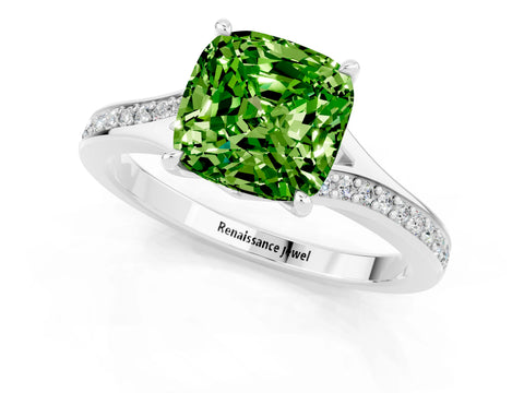 White gold Cushion Cut Peridot Solitaire Ring with Pavé Band and Prong Setting_1