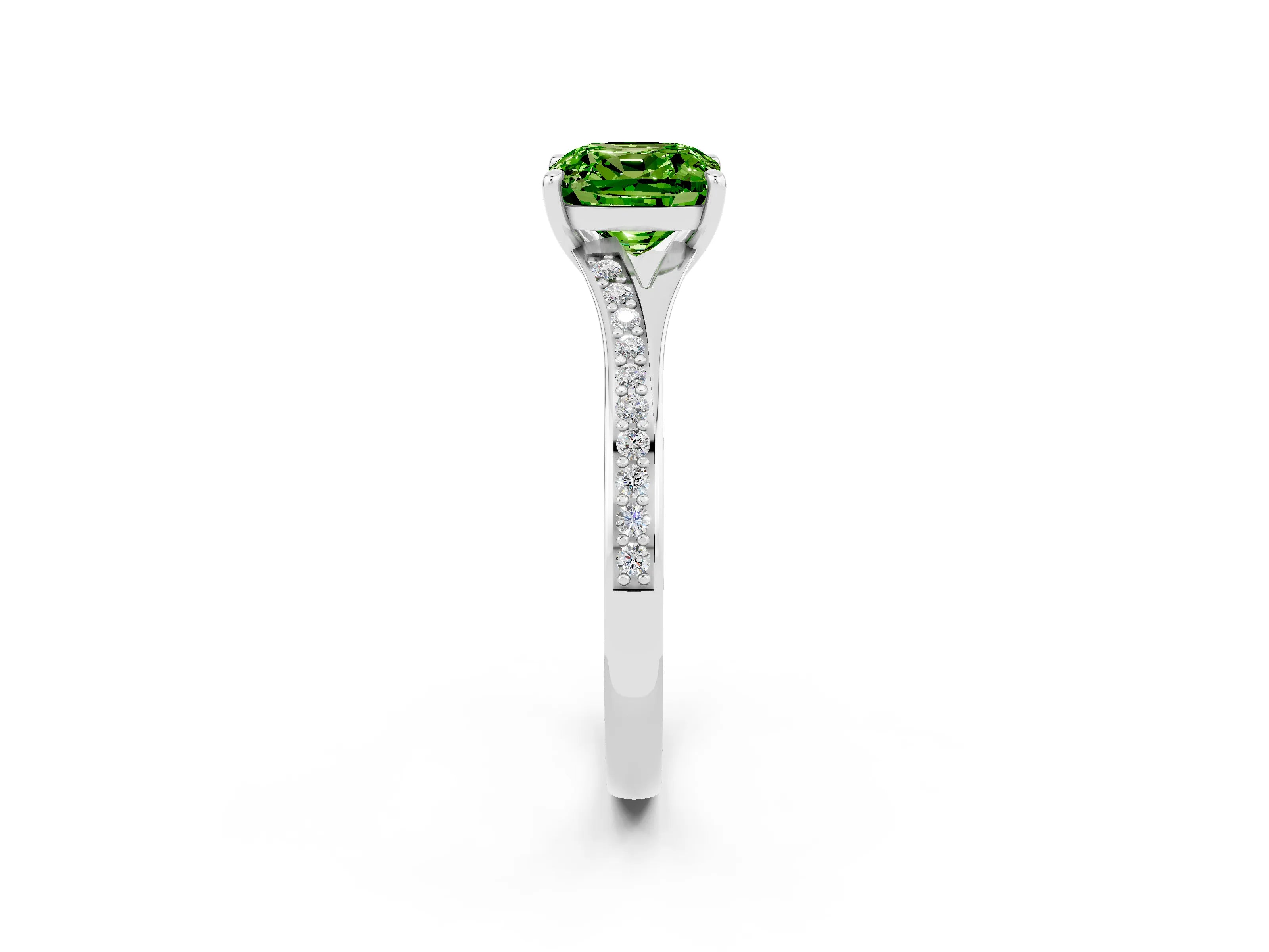 White gold Cushion Cut Peridot Solitaire Ring with Pavé Band and Prong Setting_2