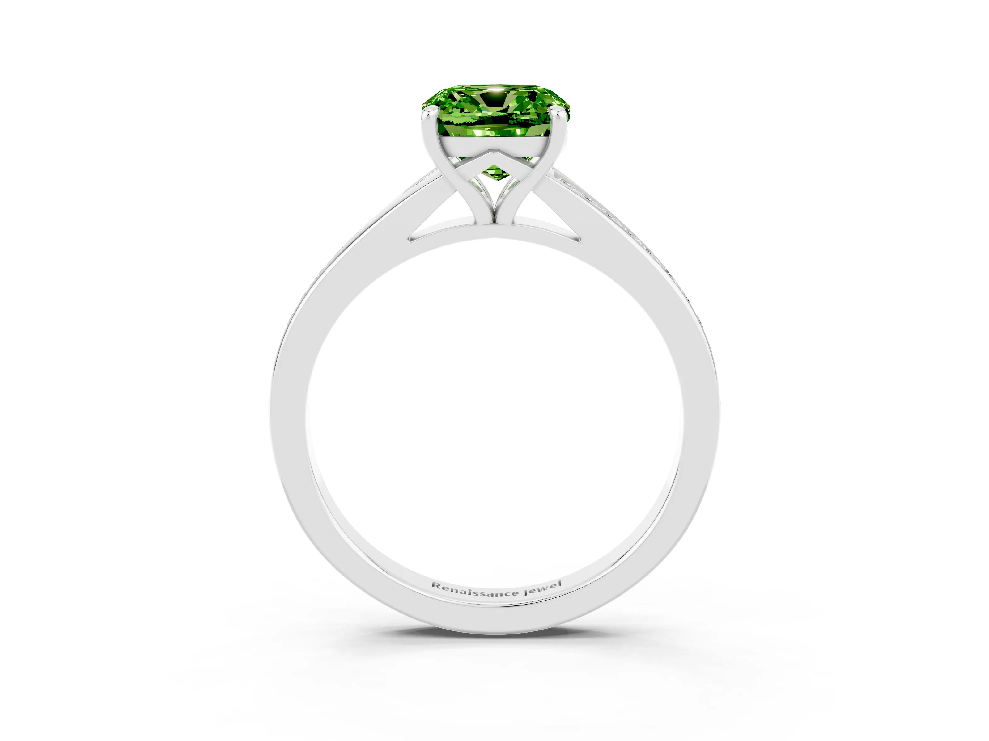White gold Cushion Cut Peridot Solitaire Ring with Pavé Band and Prong Setting_3