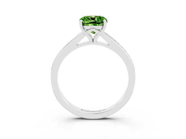 White gold Cushion Cut Peridot Solitaire Ring with Pavé Band and Prong Setting